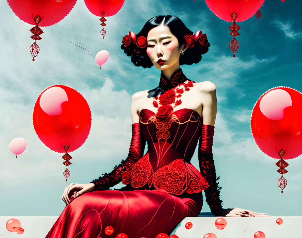 Woman in Red Gown with Rose Details Against Sky Background