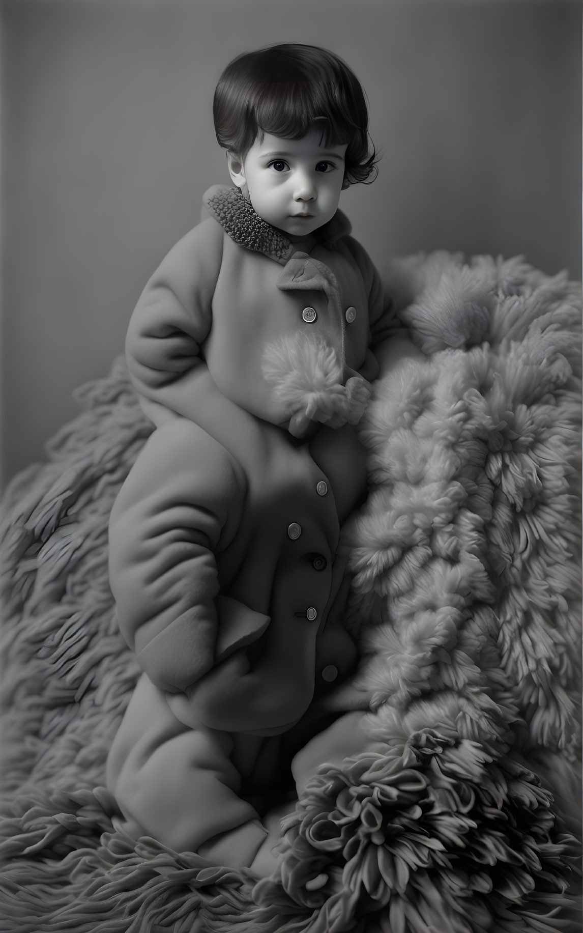 Monochrome image of young child in coat on textured blanket