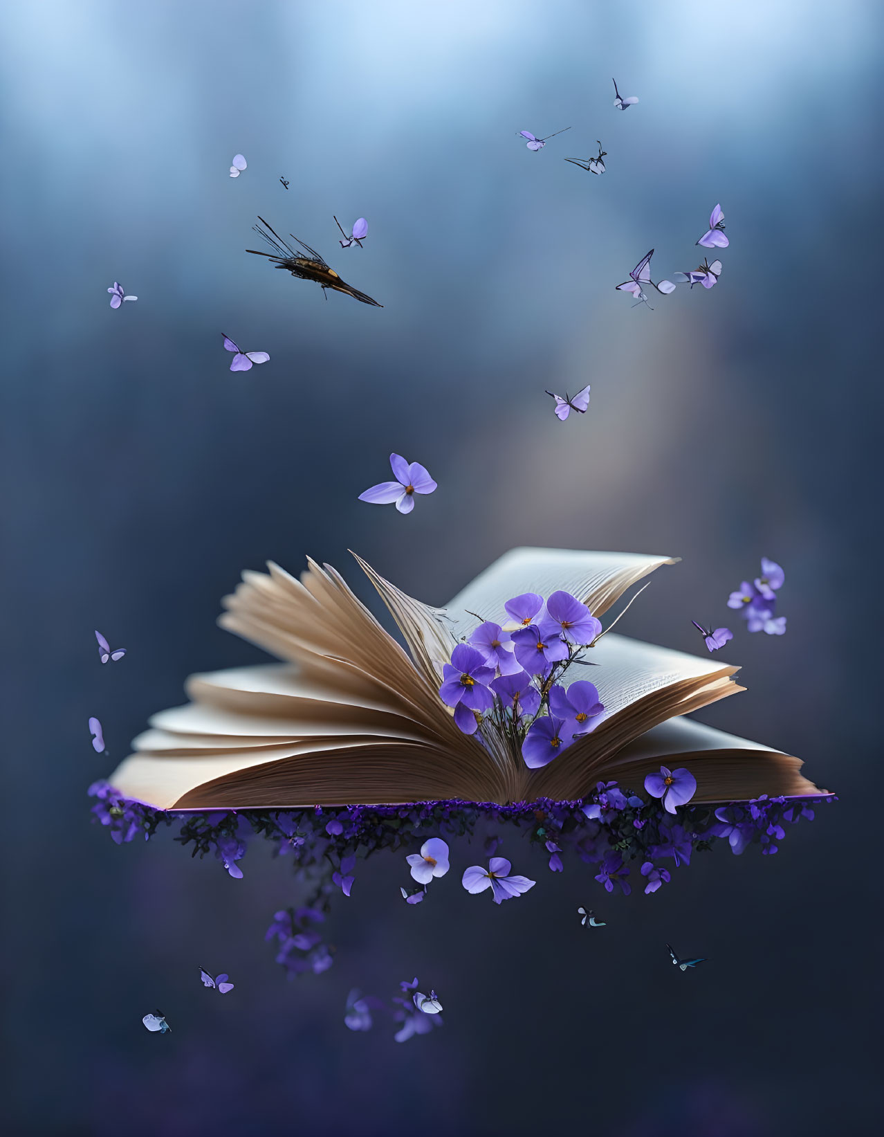 Open book with butterflies, purple flowers, and blue background