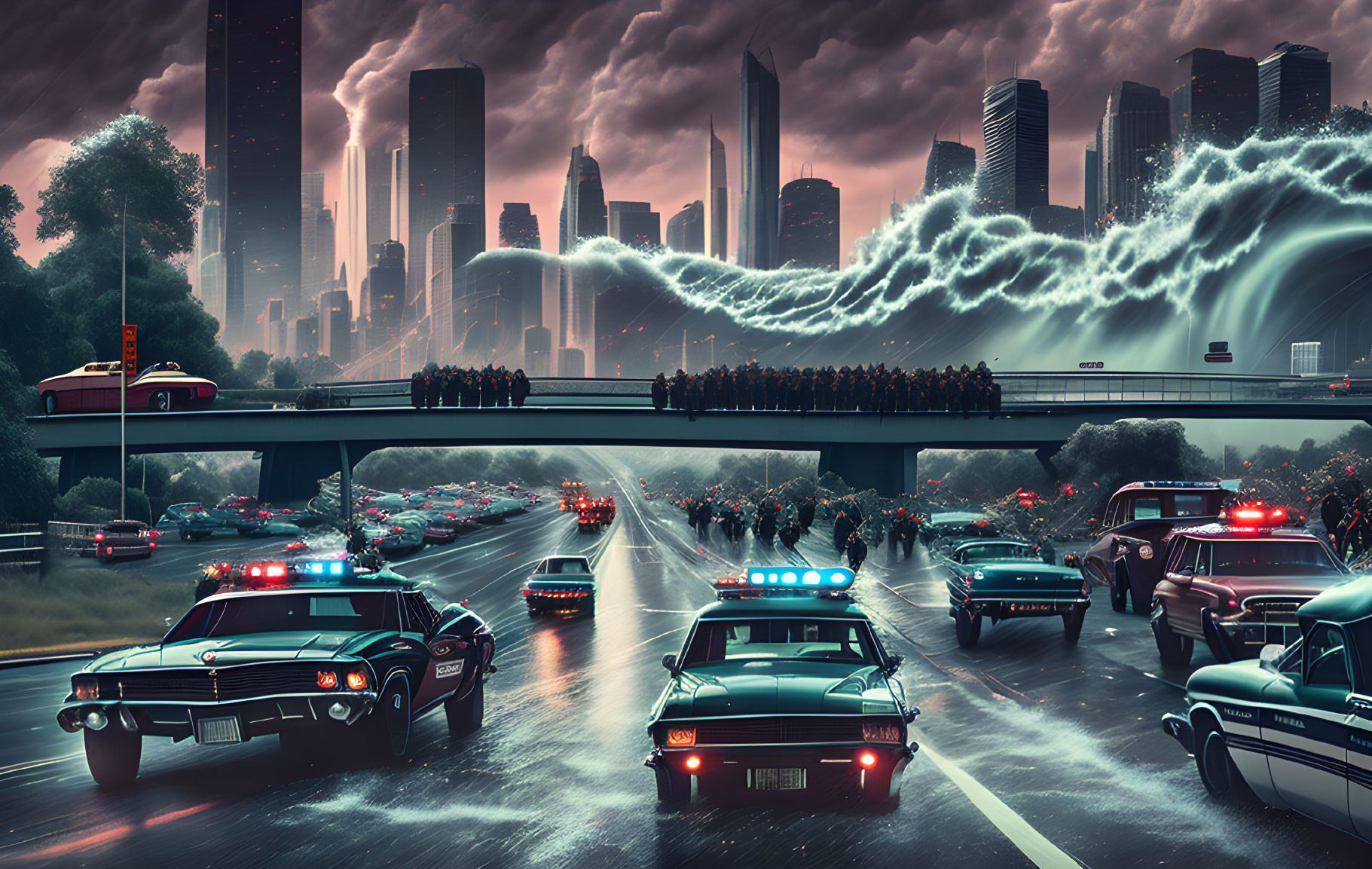 Futuristic cityscape with classic police cars and energy wave above highway