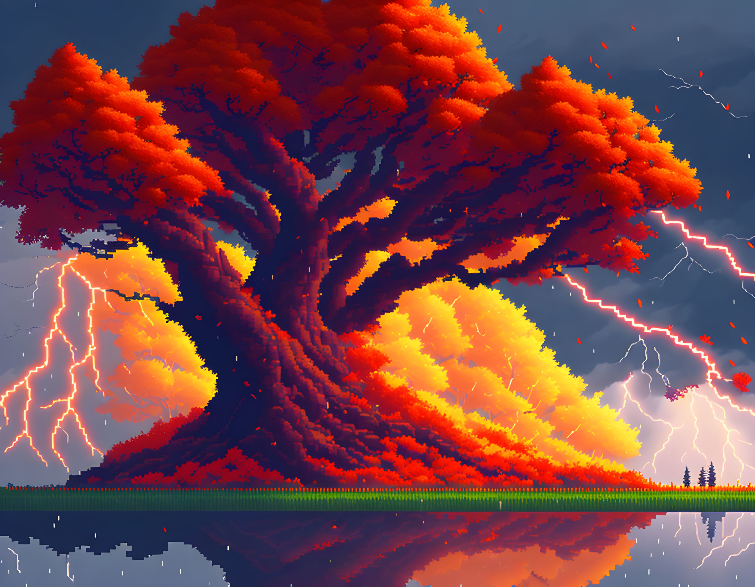 Digital art: Colossal tree with fiery orange leaves under lightning strikes