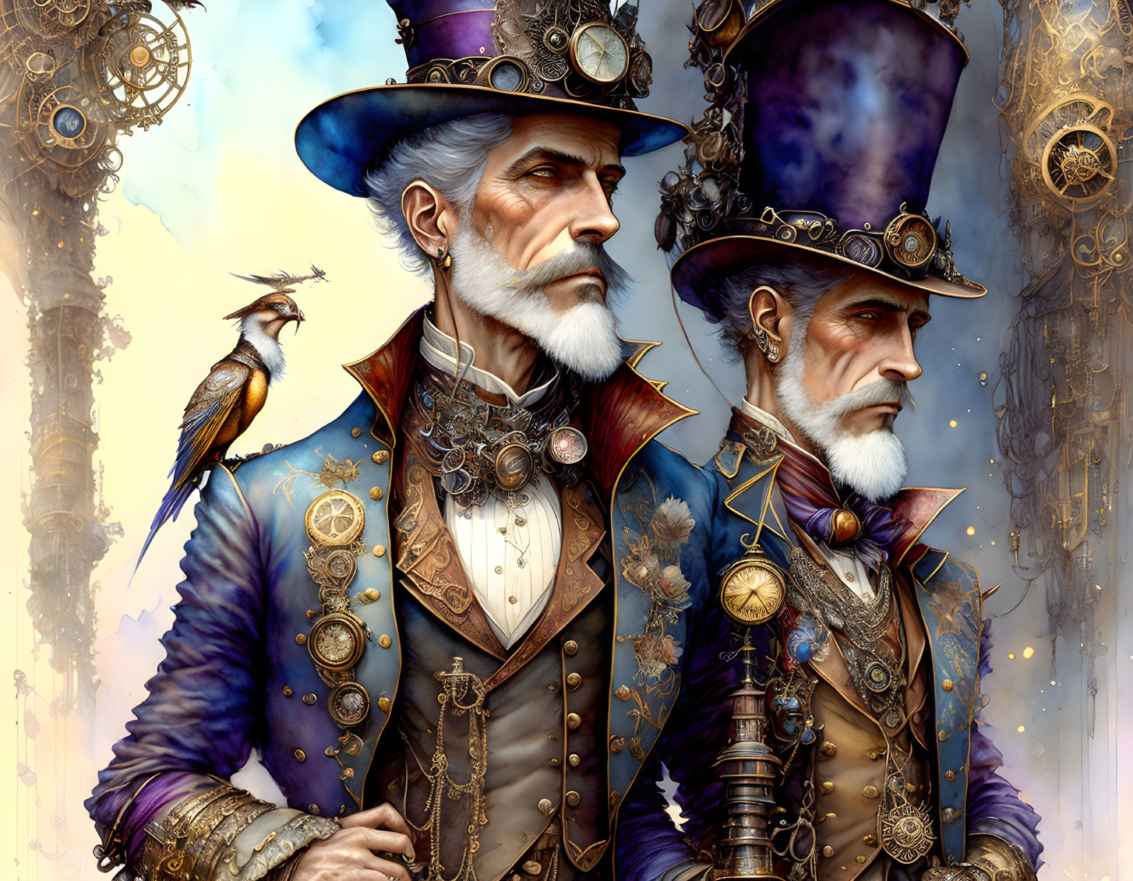 Steampunk-inspired gentlemen with ornate attire and mechanical accessories pose with a bird amidst gears.