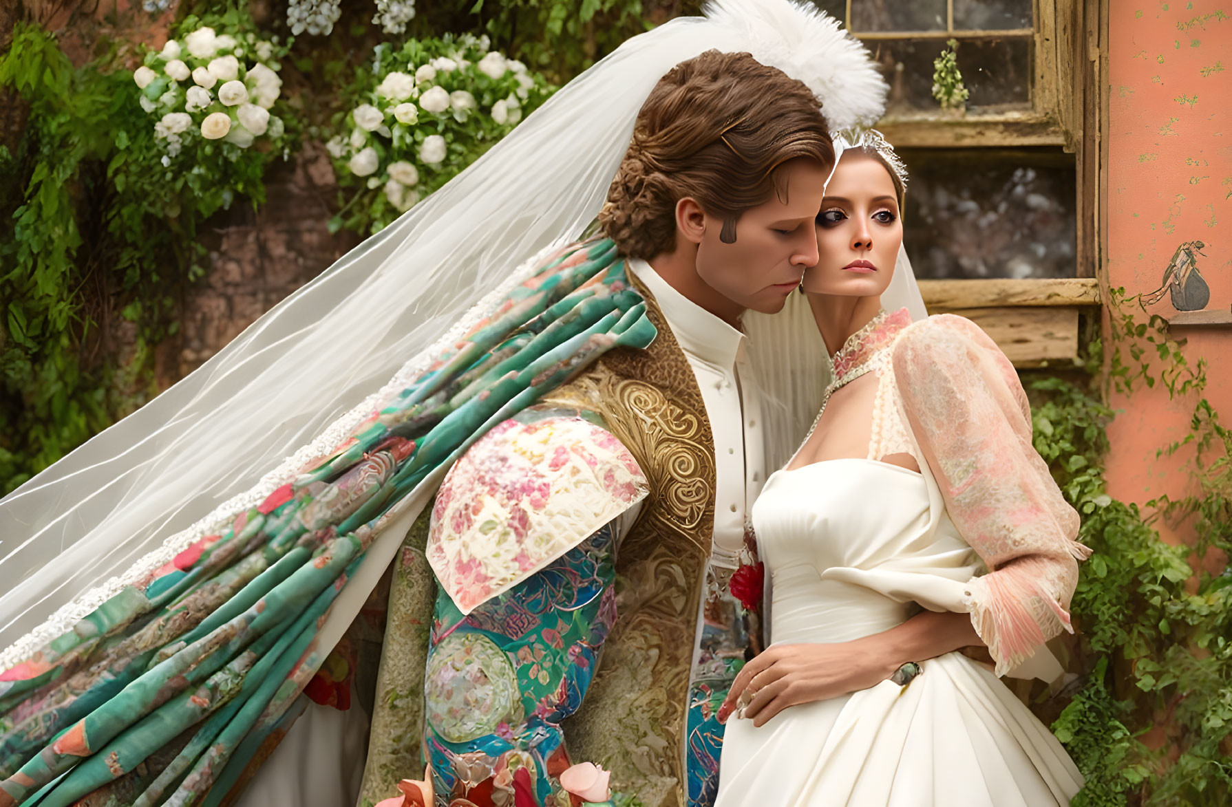 Vintage-themed bride and groom posing near aged building with flowers