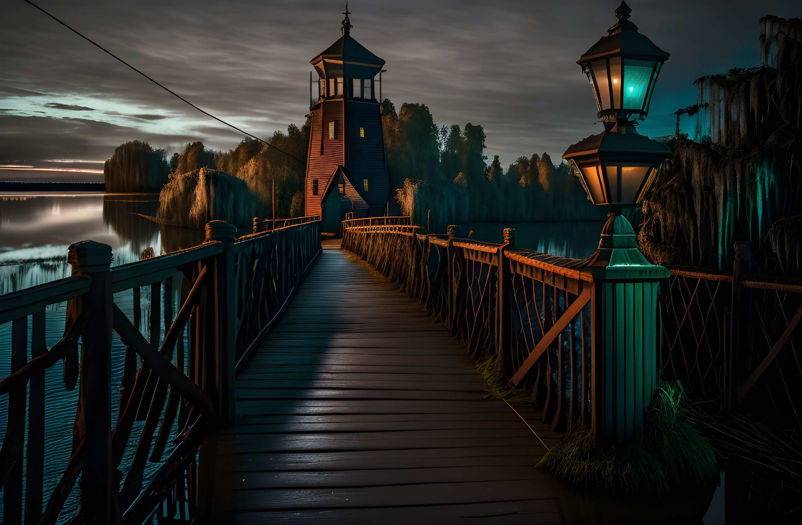 Tranquil night landscape: wooden walkway, watchtower, calm lake, lanterns, re