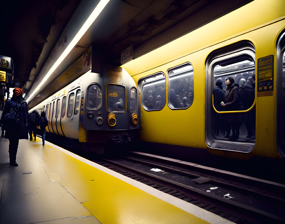 Crowded subway station with yellow train boarding, dimly lit with strong contrasts and reflections.