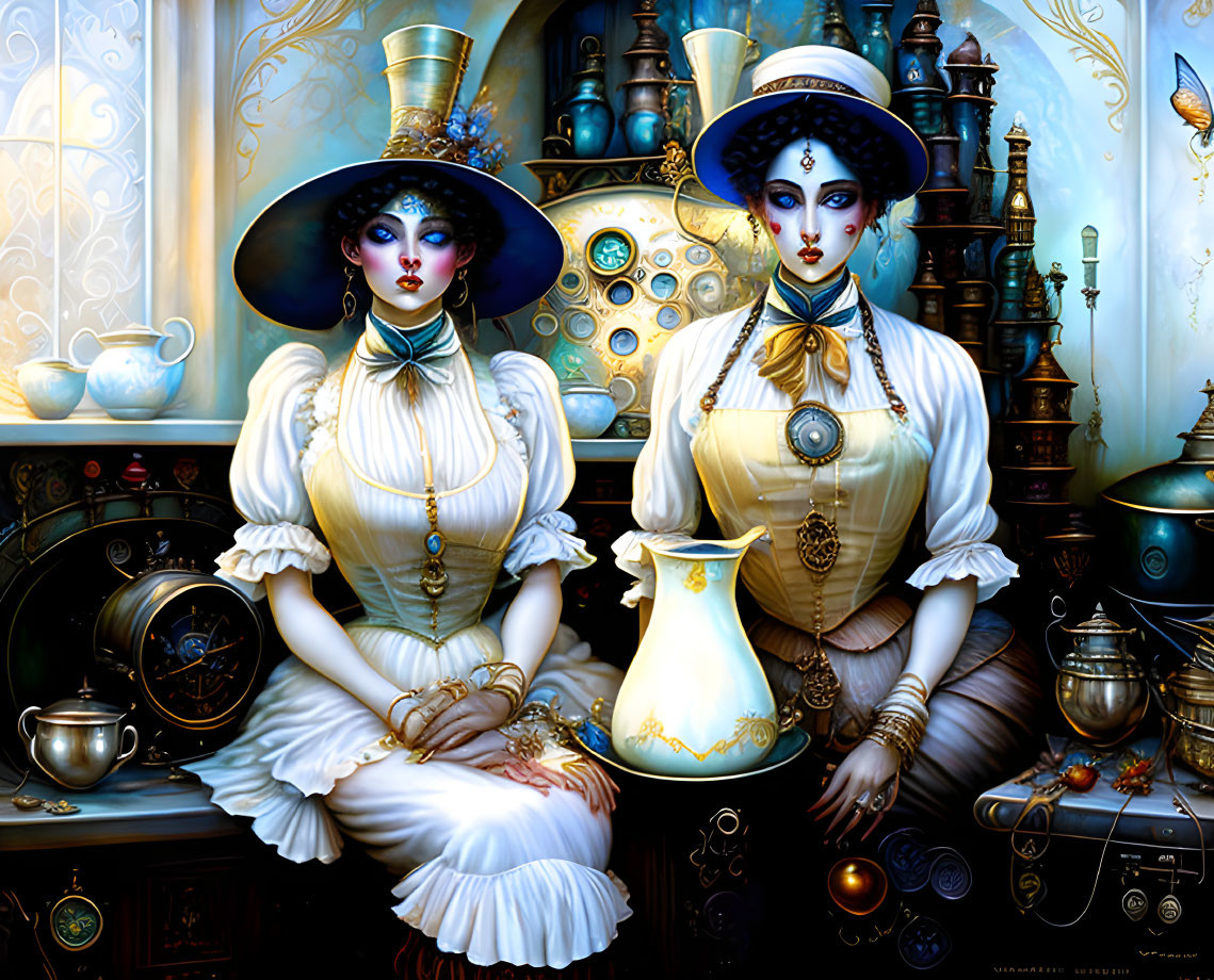 Elaborately dressed female figures in steampunk room with brass gadgets