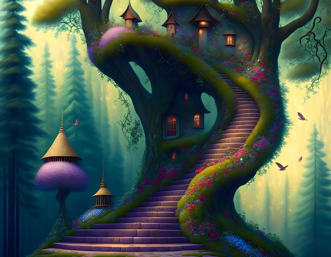 Enchanted forest treehouse with multiple rooms and winding stairs