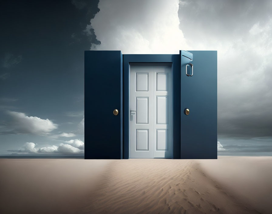 Surreal sandy surface with two open doors under cloudy sky