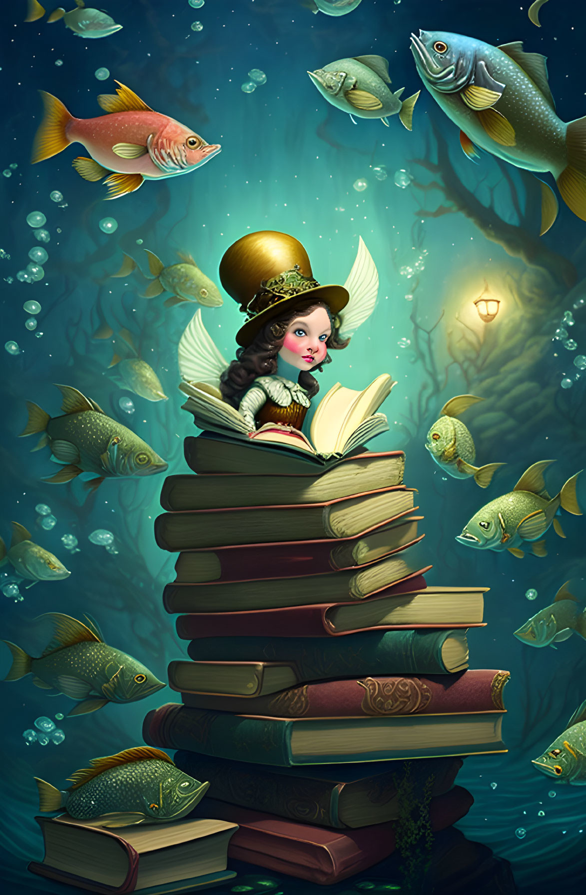 Whimsical illustration of woman with fairy wings reading underwater