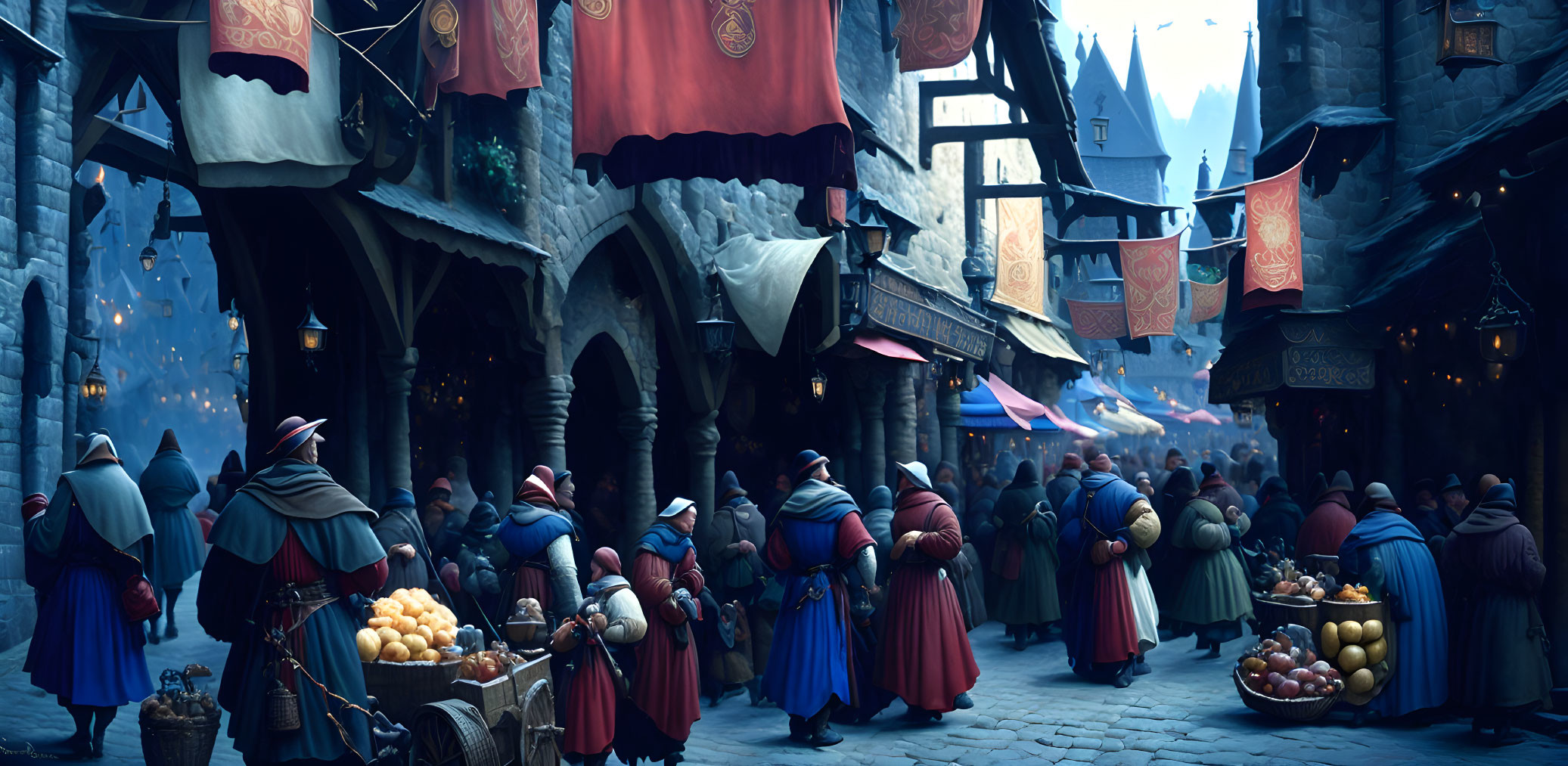 Medieval market scene with villagers, colorful stands, cobblestone streets, and castle backdrop at twilight