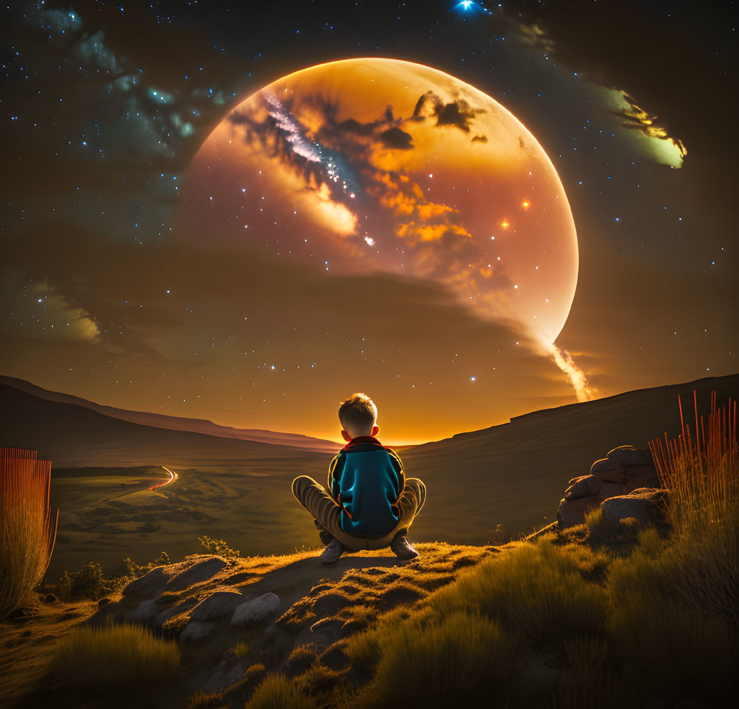 Person gazes at surreal planet on grassy hill at dusk