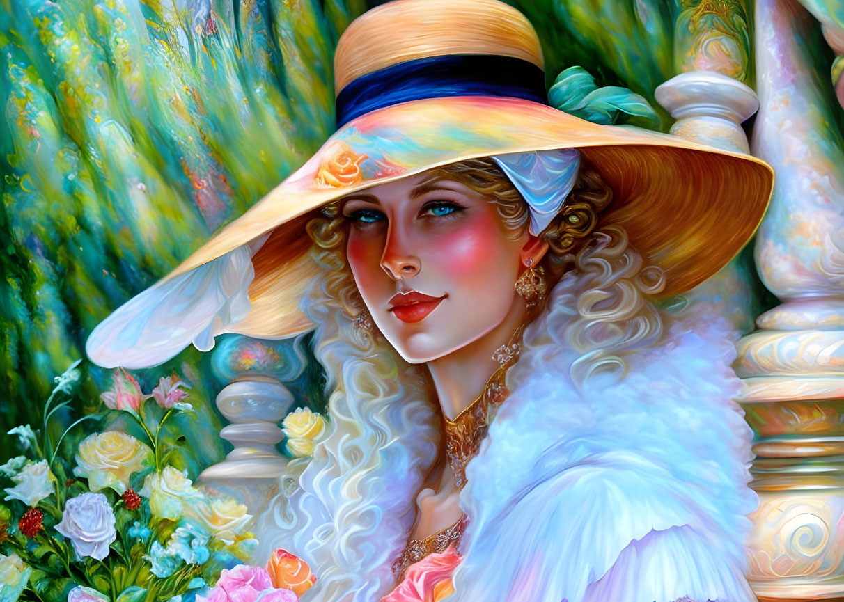 Blonde woman in wide-brimmed hat and fur collar amidst floral and architectural backdrop