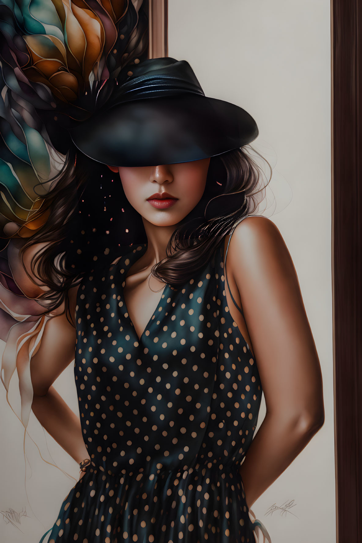 Colorful Polka Dot Dress Woman with Wide-Brimmed Hat and Flowing Hair