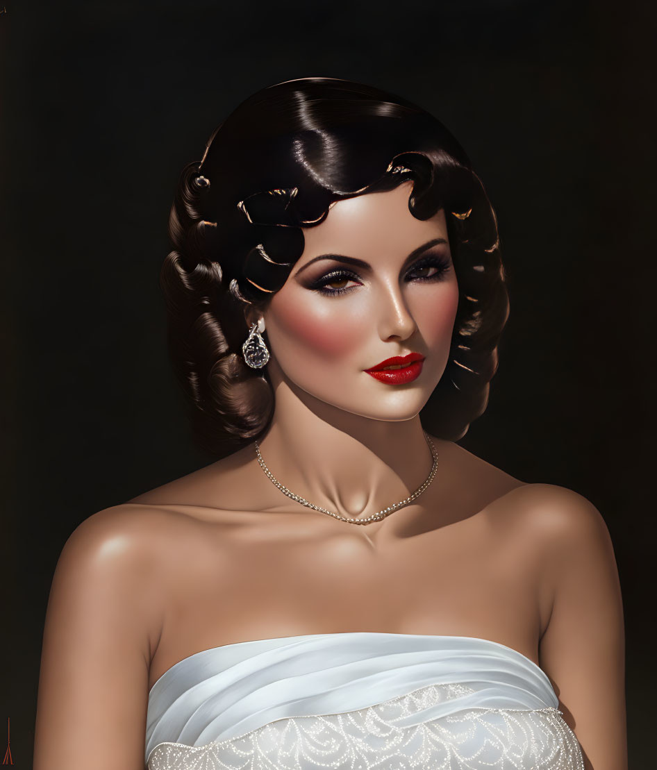 Illustration of woman with wavy hair, red lipstick, and pearl necklace on dark background