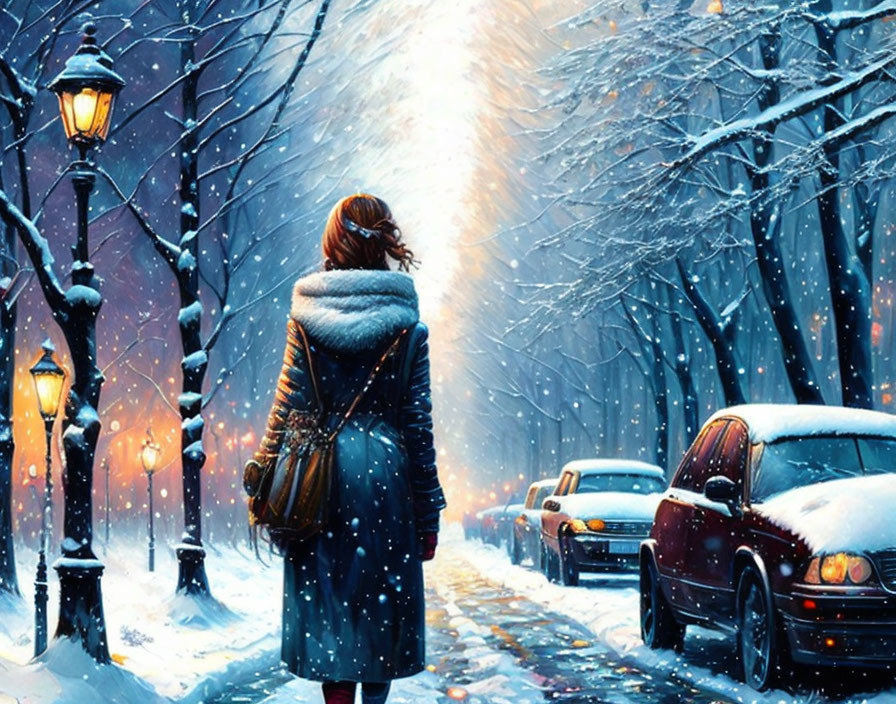 Snowy street scene with person facing away under glowing streetlamps