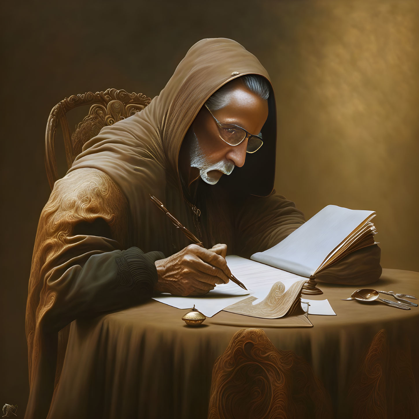 Robed figure writing in large book with quill in dimly lit room