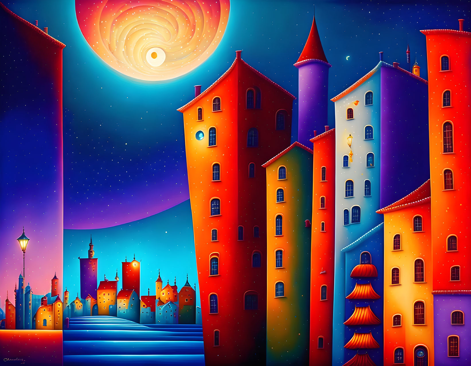 Vibrant cityscape with tall buildings under a starry night sky