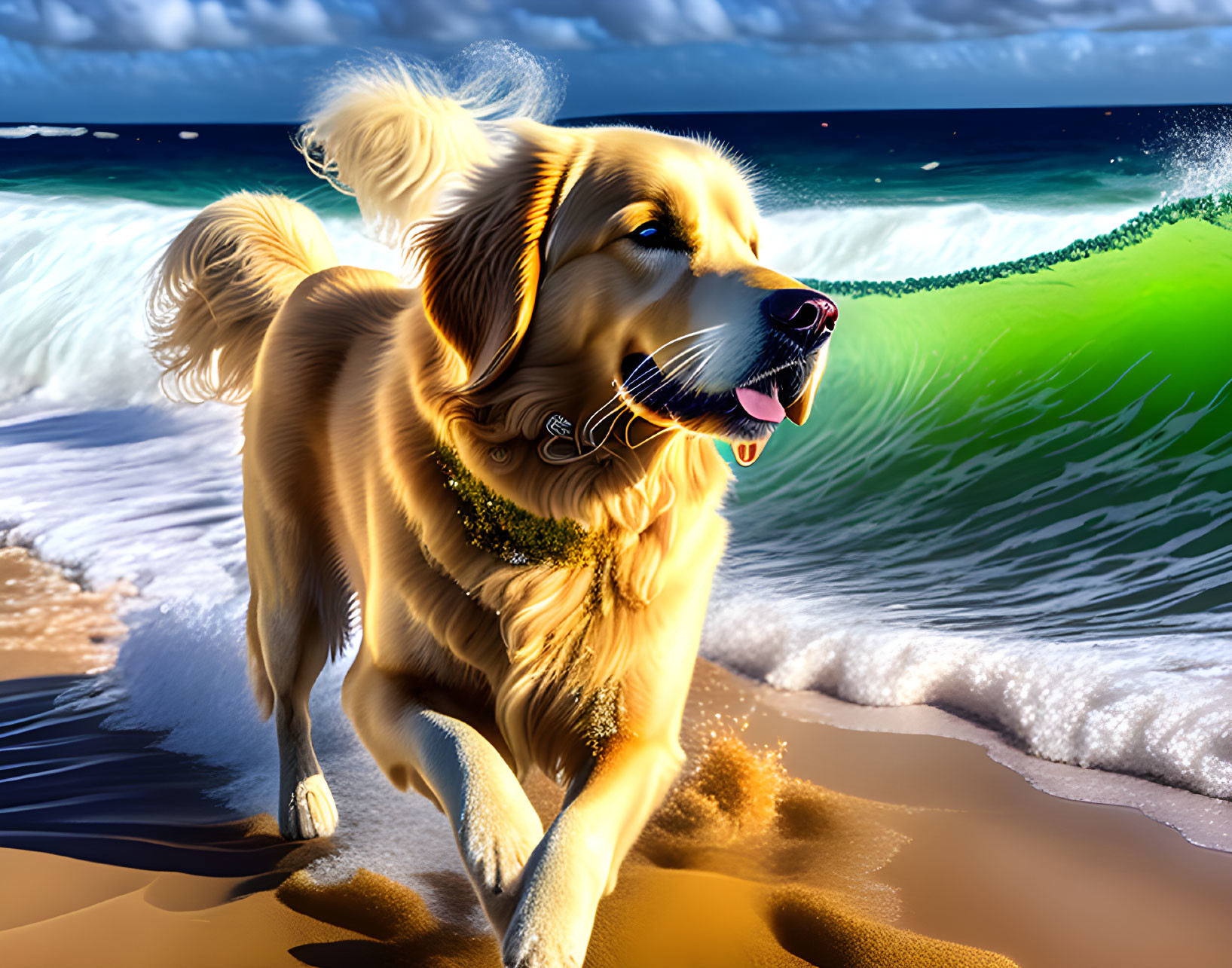 Golden Retriever on Sunny Beach with Waves Crashing