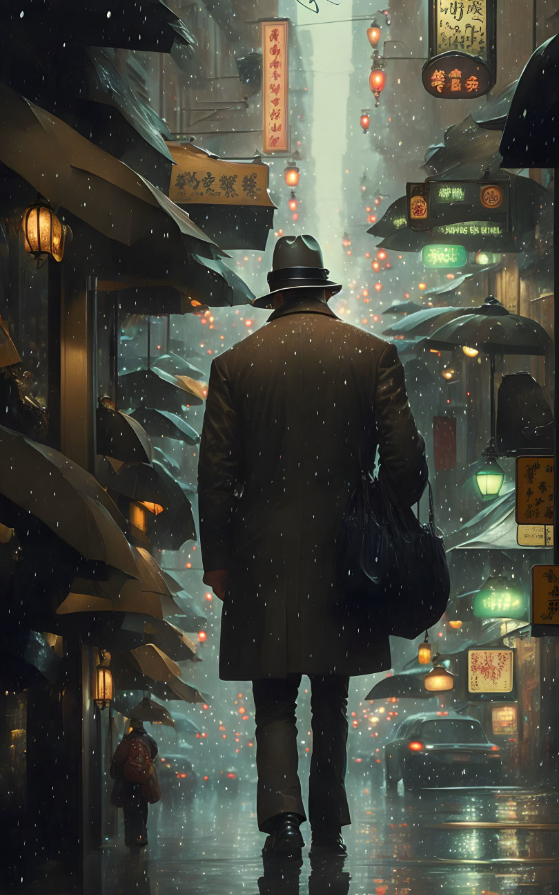 Man in hat and trench coat walks in rain-soaked neon-lit street with Chinese signs and lantern