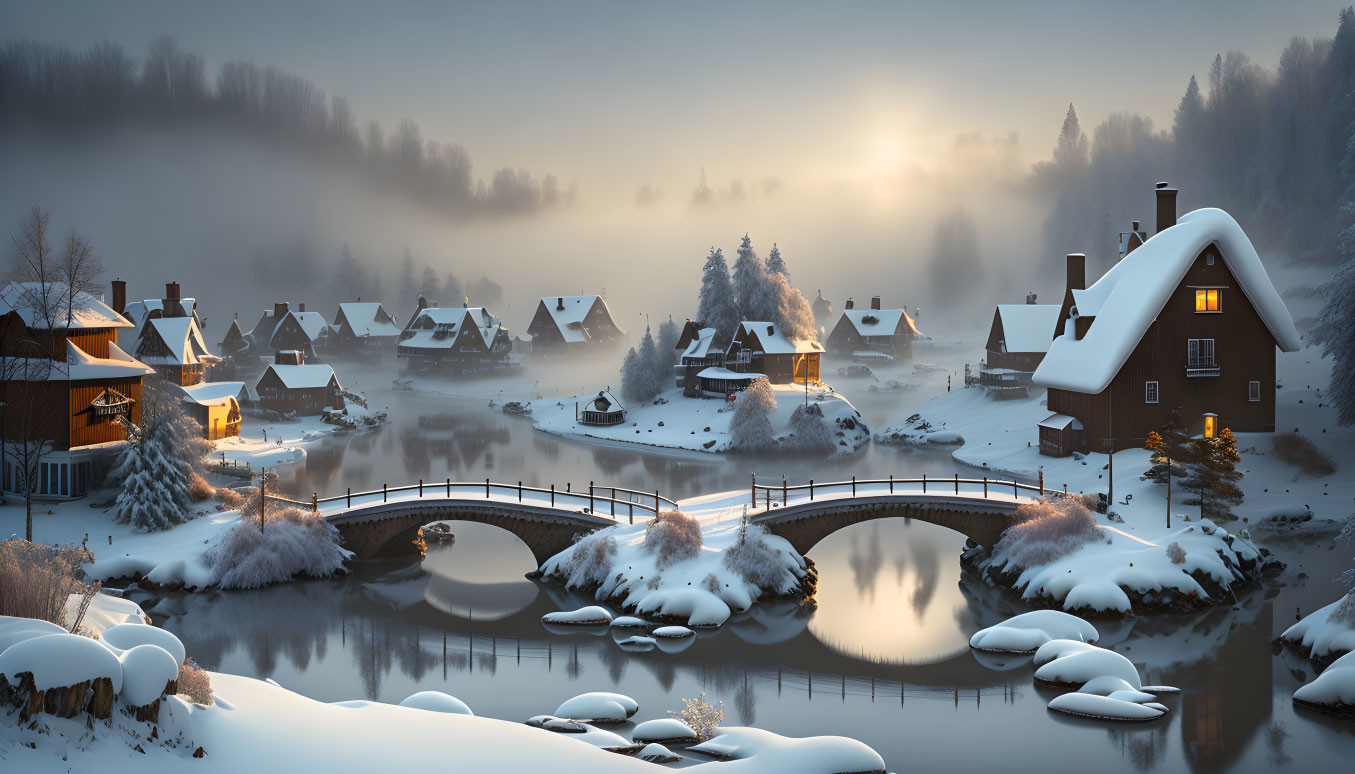 Scenic Snow-Covered Village at Sunrise