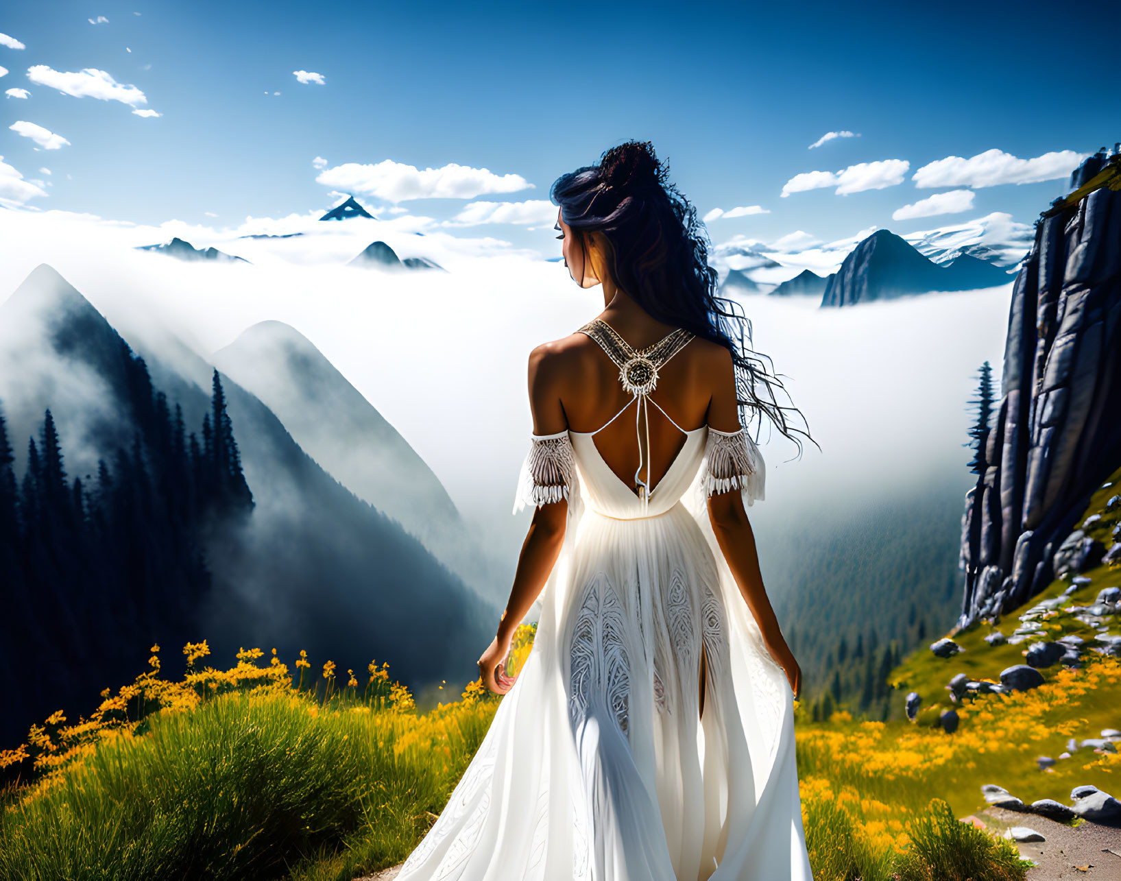 Woman in white dress on mountain overlook admiring mist-covered peaks