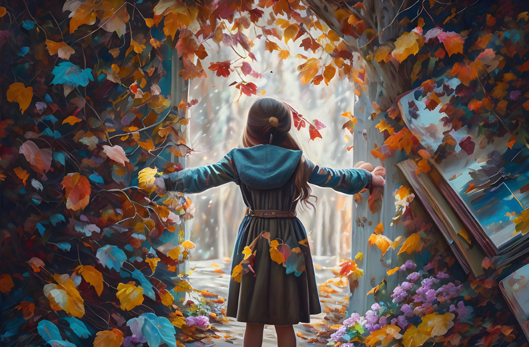 Girl in magical doorway with autumn leaves and open books