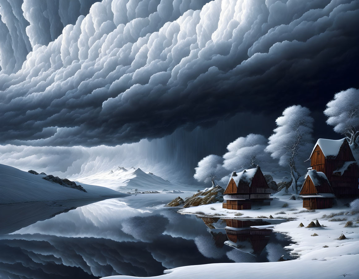 Winter landscape with dramatic clouds, snowy trees, and wooden houses by a calm lake