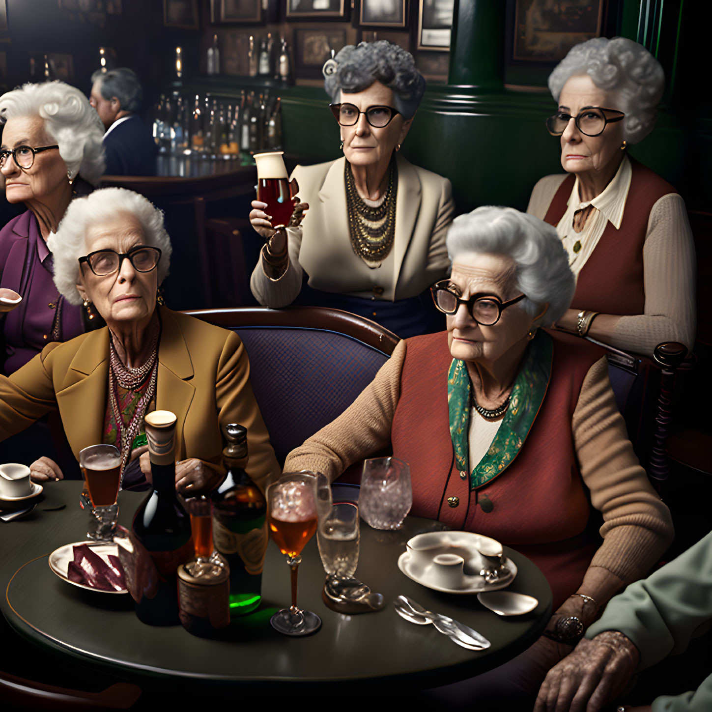 Group of stylish elderly women enjoying drinks at pub table