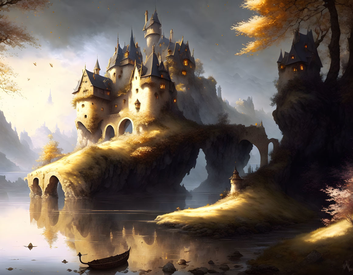 Enchanting castle on cliff reflected in tranquil waters amid autumnal trees under golden sky