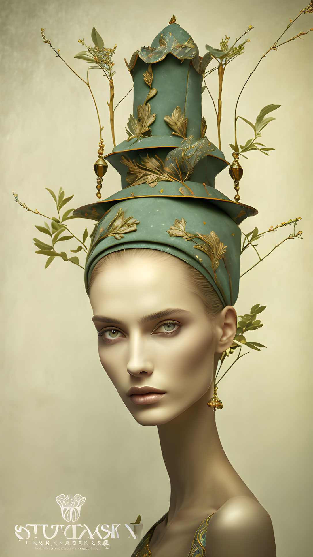 Digital artwork featuring woman in green hat with golden leaves and earrings