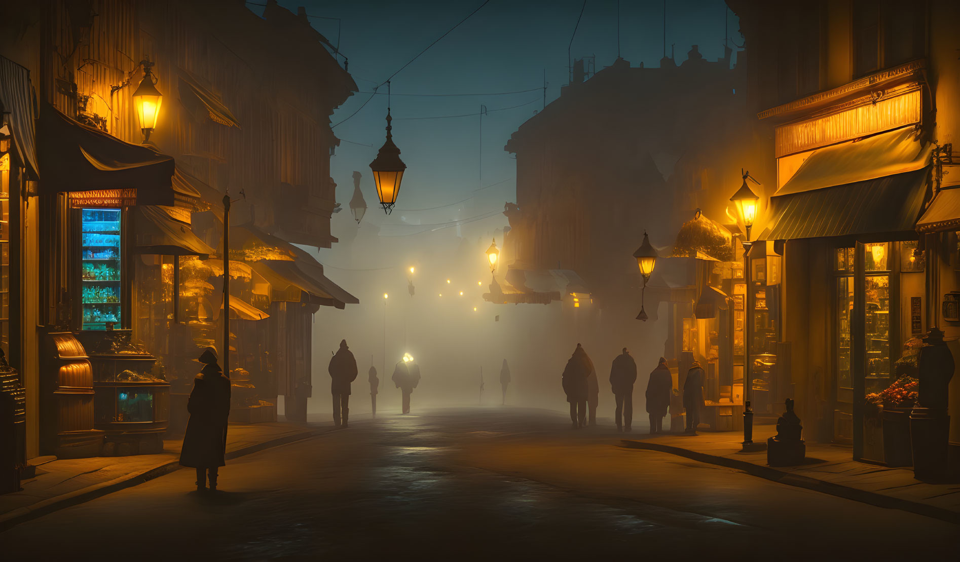 Foggy night scene with silhouetted figures and softly lit shops