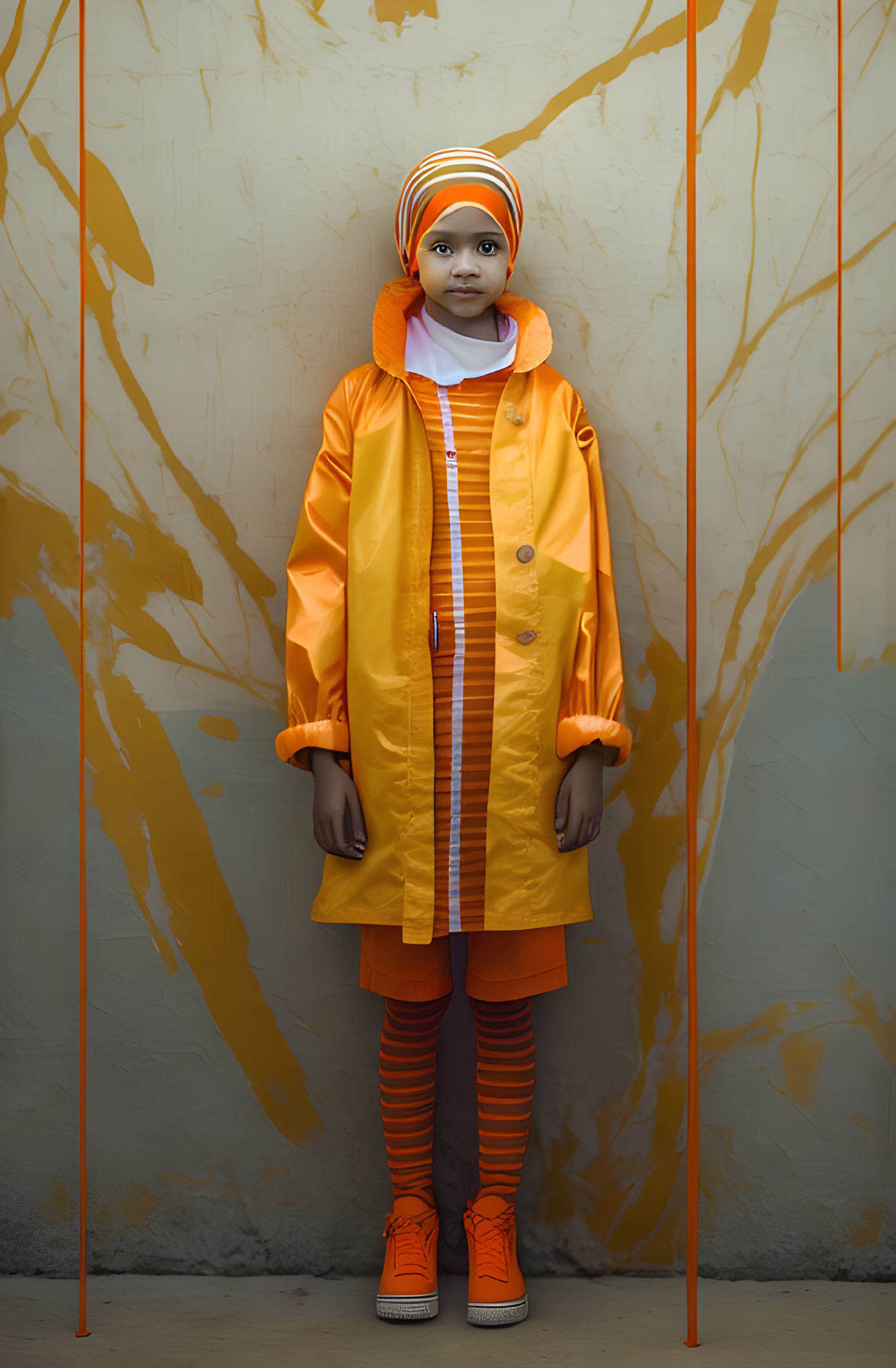 Child in Vibrant Orange Raincoat Stands in Front of Abstract Yellow Wall