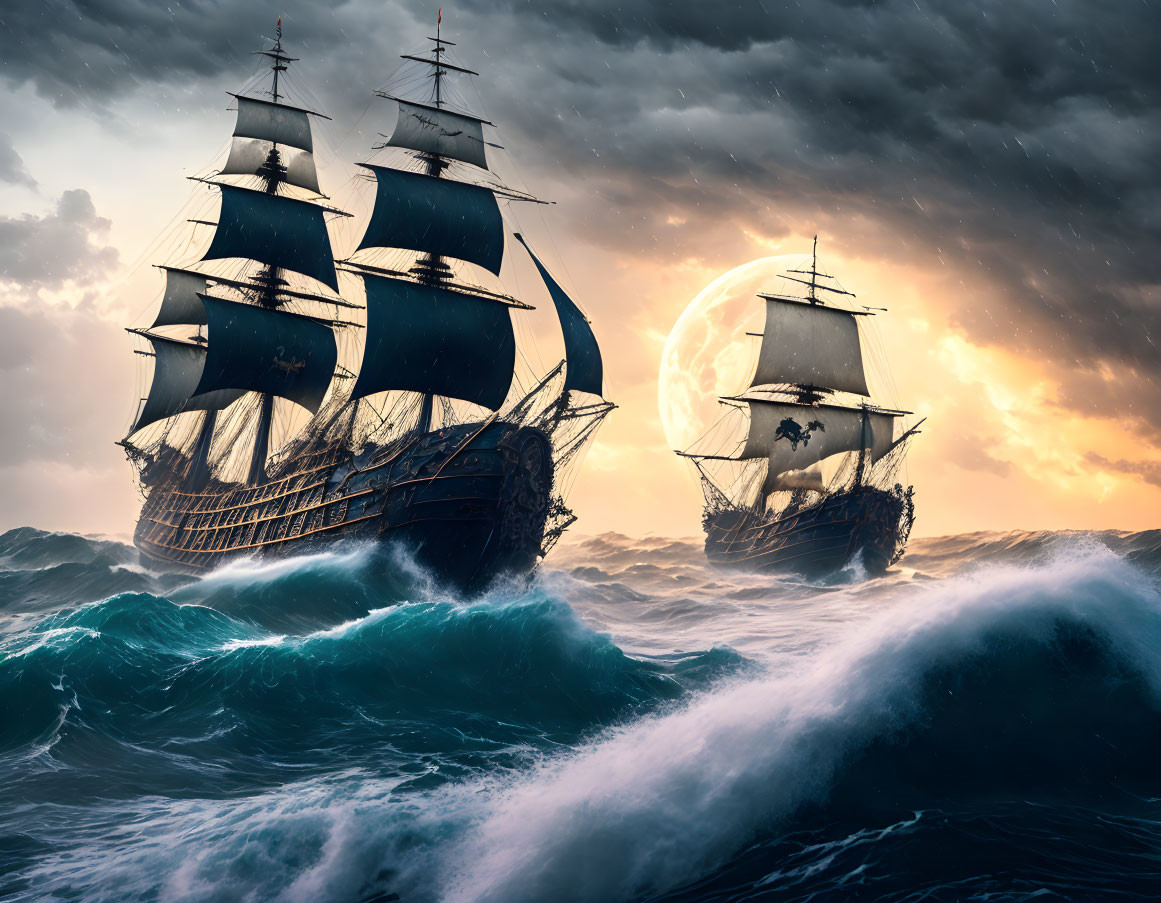 Majestic sailing ships on stormy ocean under glowing moon