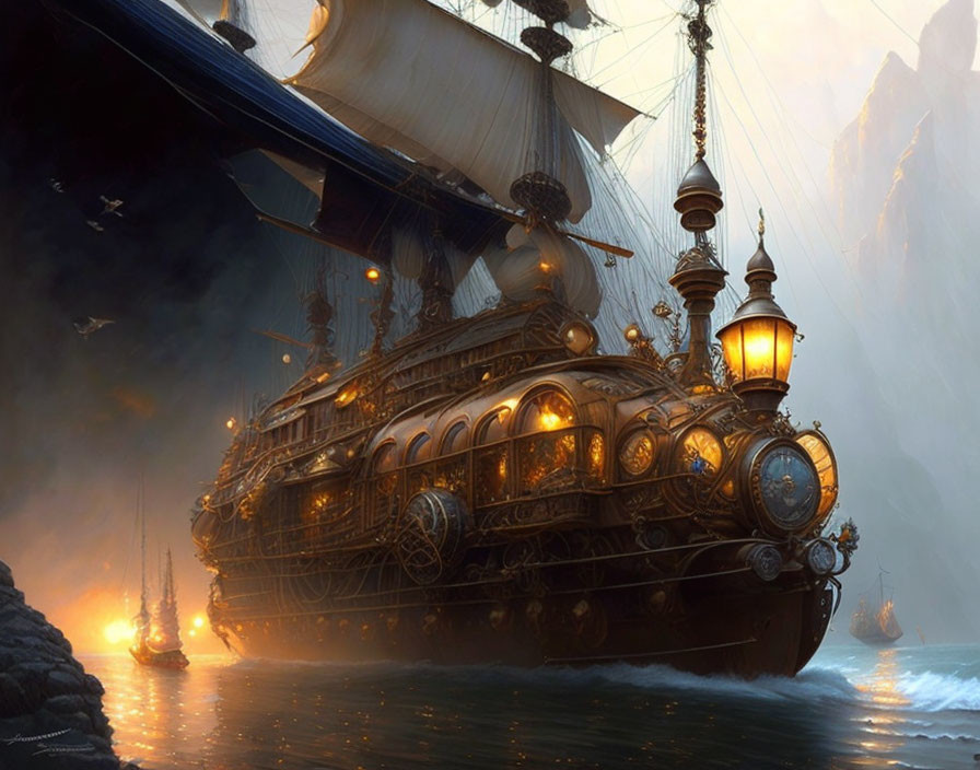 Fantasy ships with lit lanterns sail through misty waters at dusk.