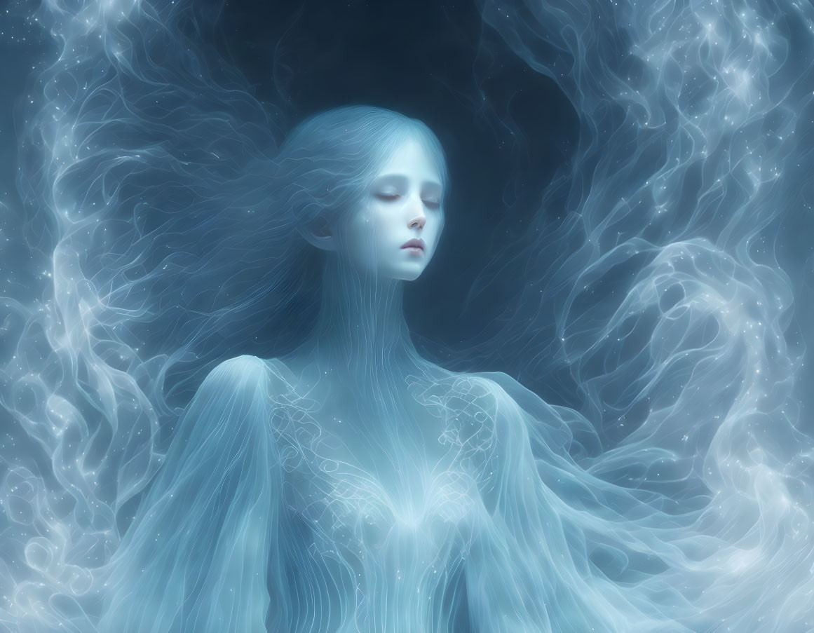 Surreal image: Woman with pale skin and blue tones, flowing hair, nebula patterns