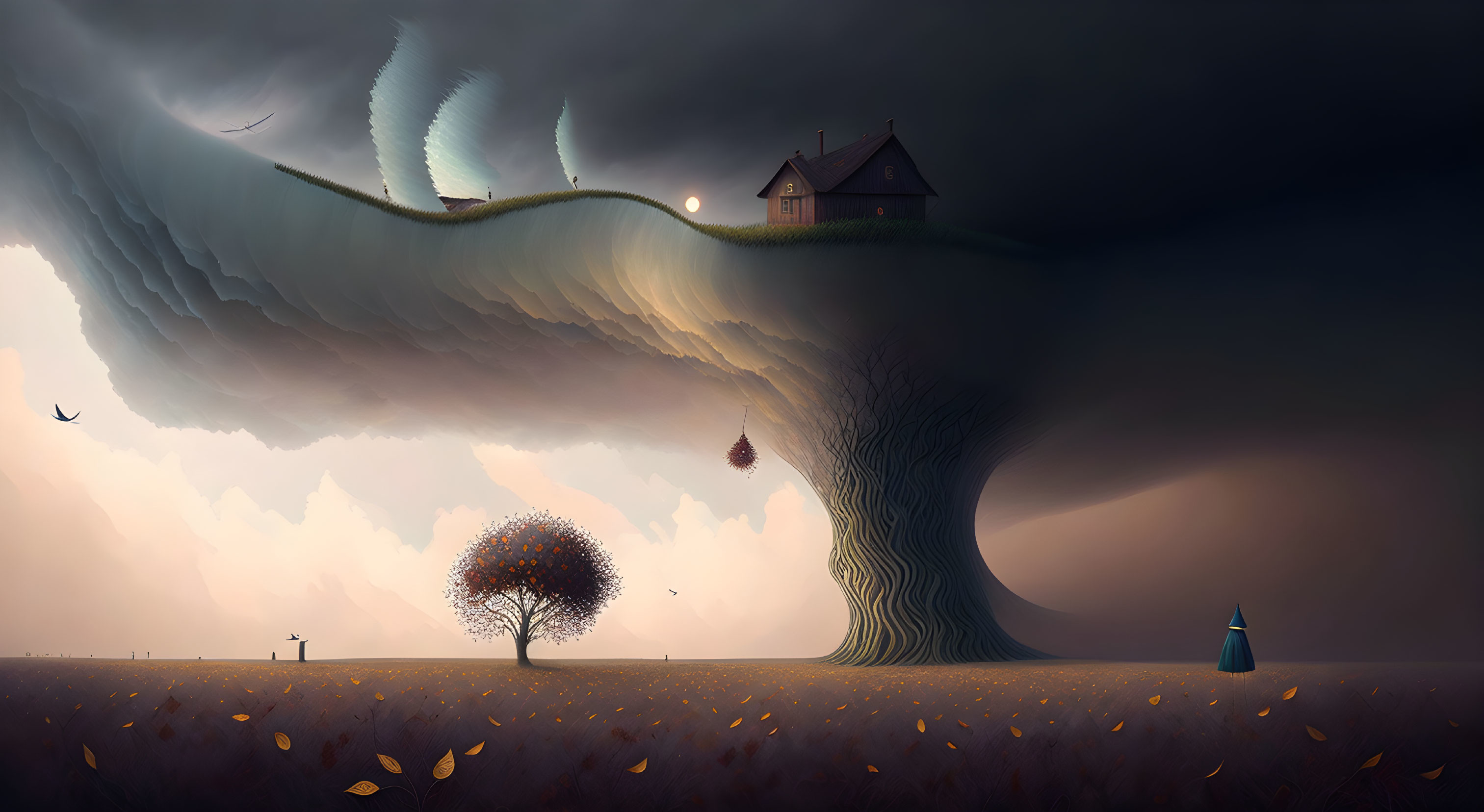 Surreal landscape with floating landmass, house, stormy sky, leafless tree, leaves