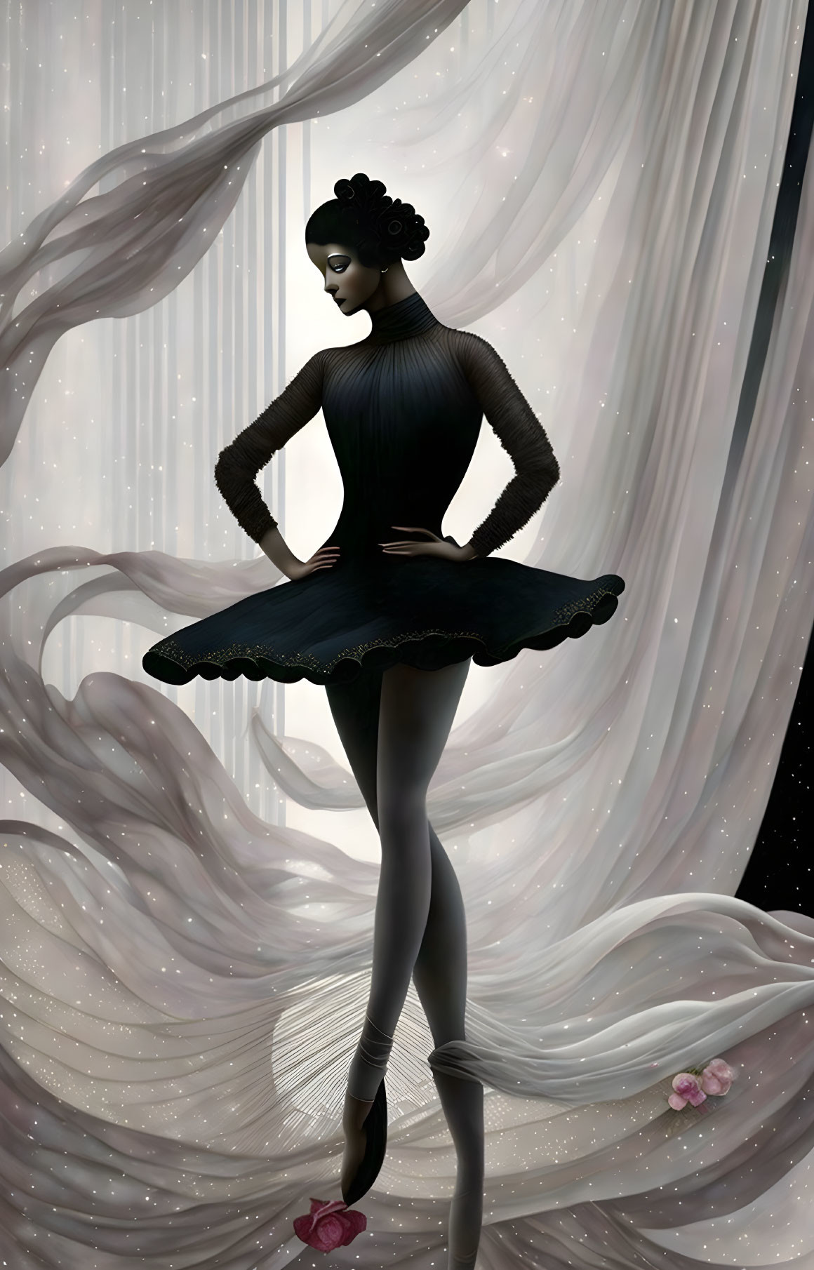 Elegant ballerina in dark tutu on one leg with sheer curtains and flowers - Dreamy