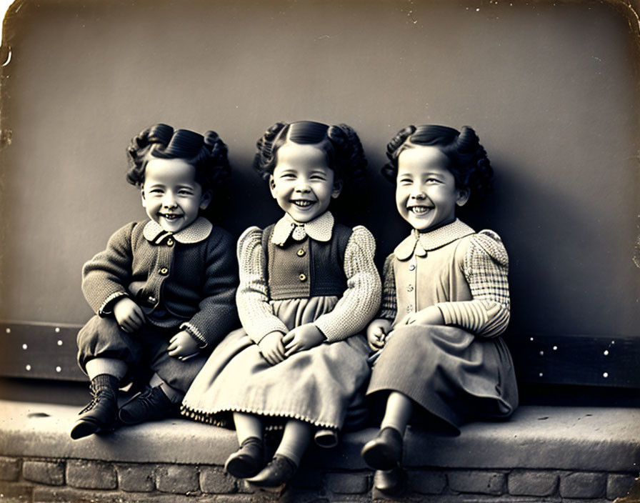 Three children with matching hairstyles and outfits laughing on a sepia-toned bench