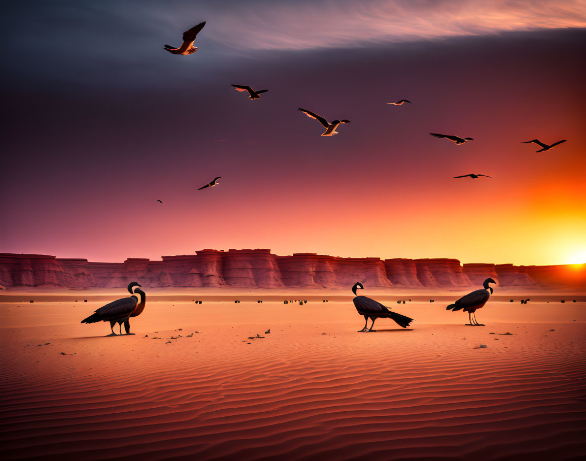 Storks and birds in desert sunset with cliffs