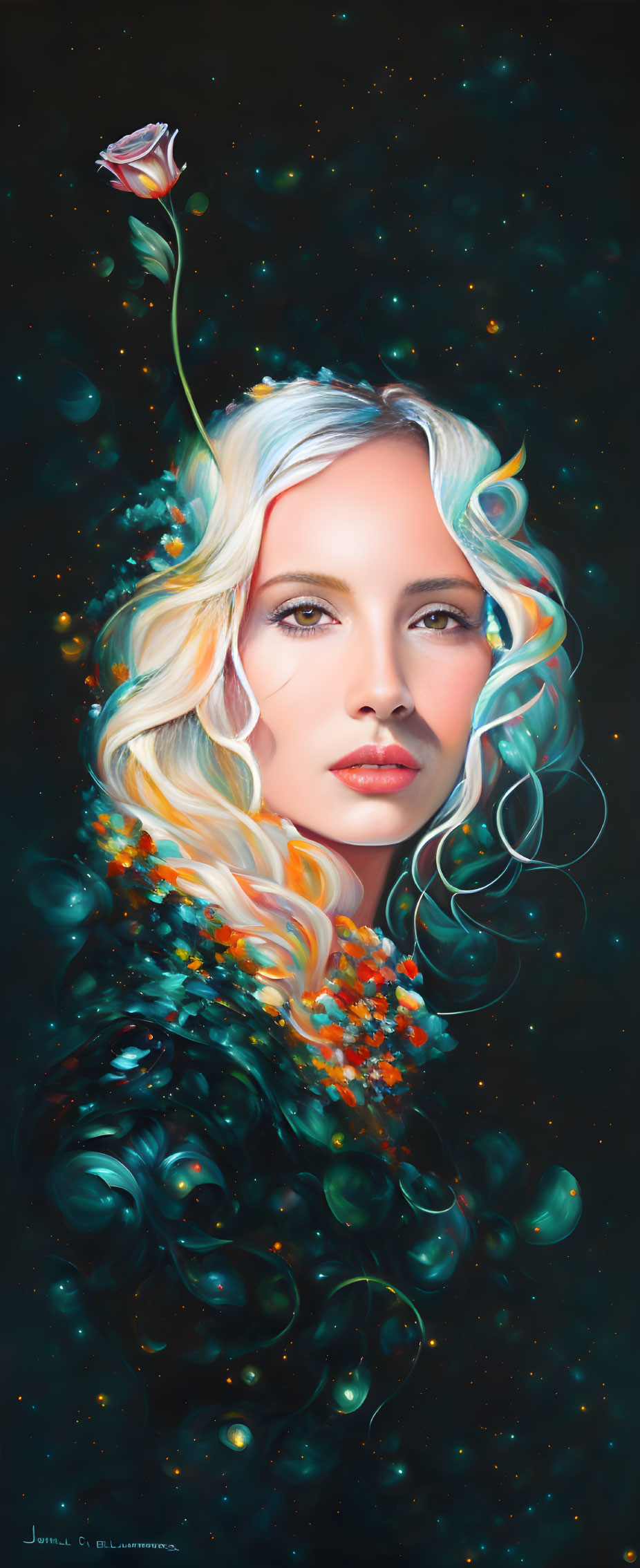 Surreal portrait of woman with flowing hair and cosmic flowers