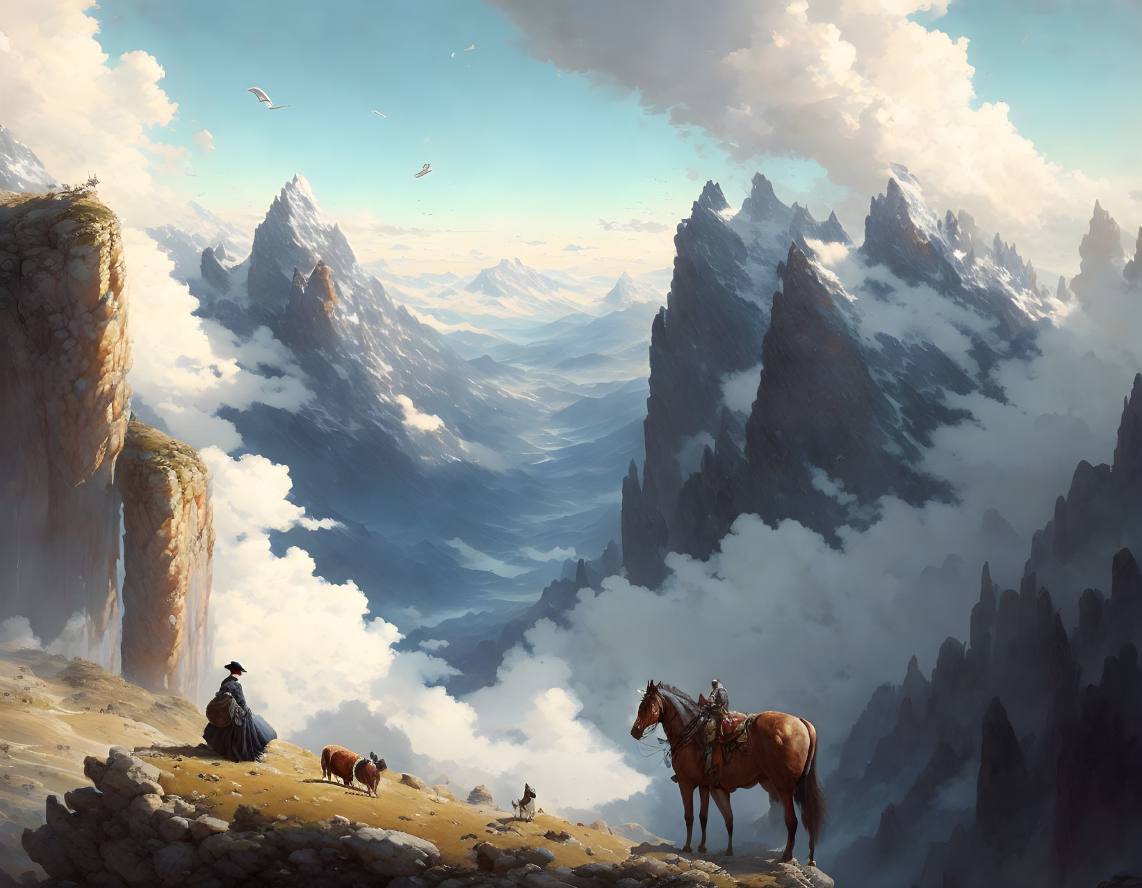 Robed figure with horse and dog on cliff overlooking vast mountain valley