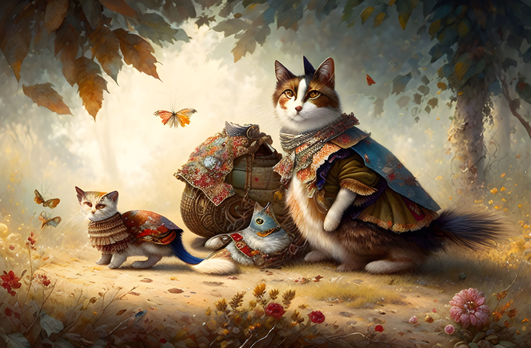 Regal anthropomorphic cats in majestic forest scene