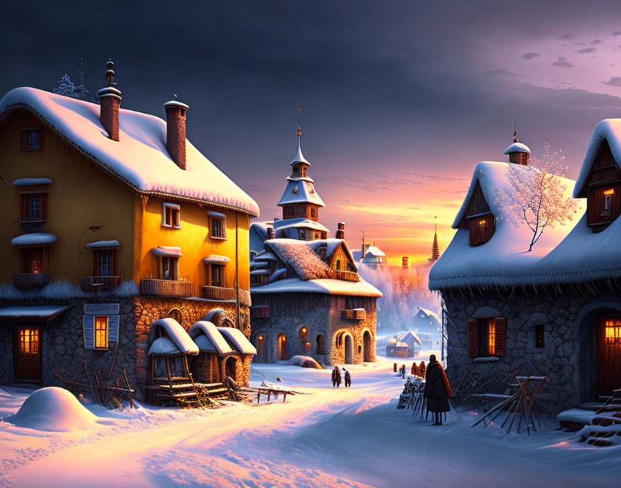 Winter village scene with snow, sunset sky, and cozy houses.