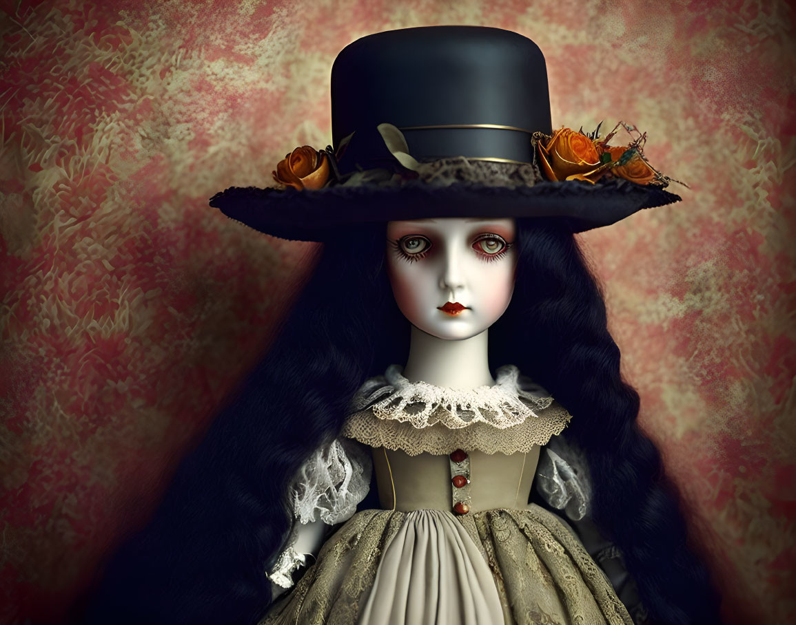 Porcelain doll with black hair, pale skin, top hat, vintage dress, and floral background