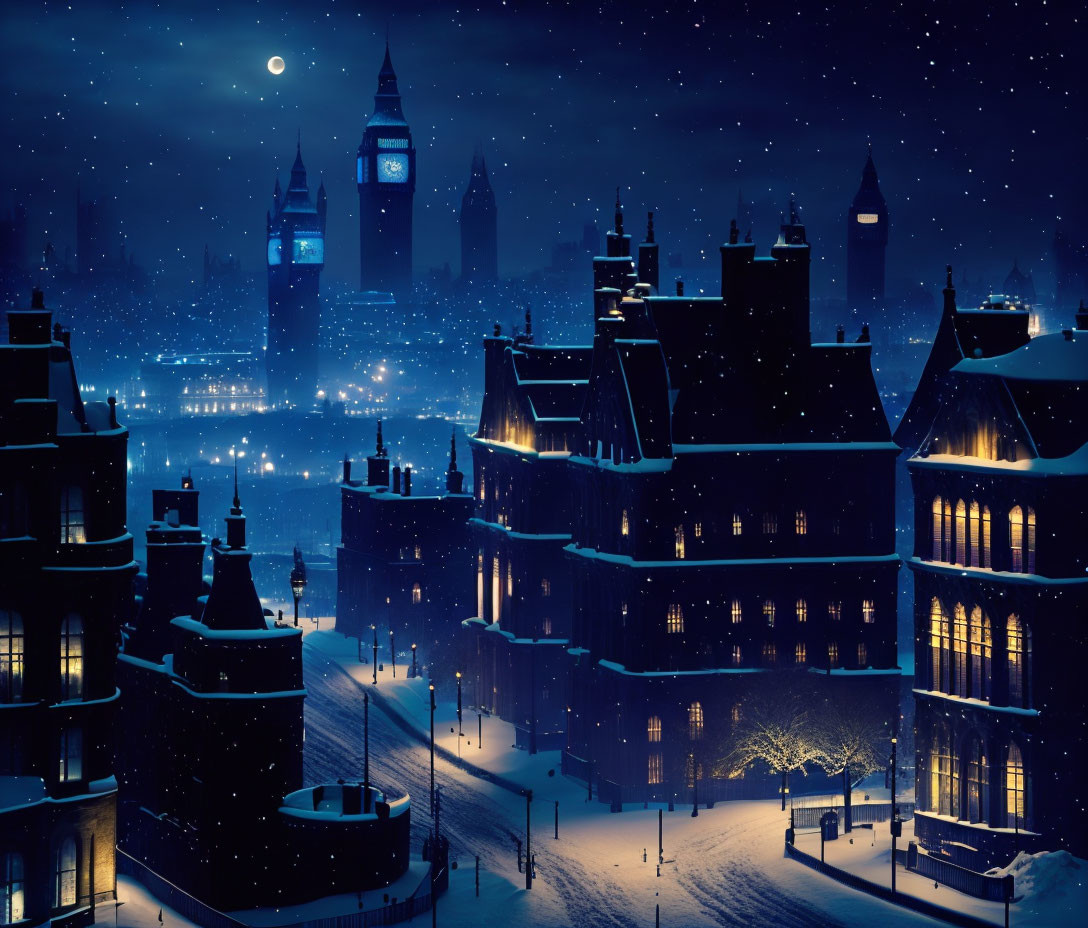 City Snowy Night Scene with Glowing Windows and London Landmark Silhouettes