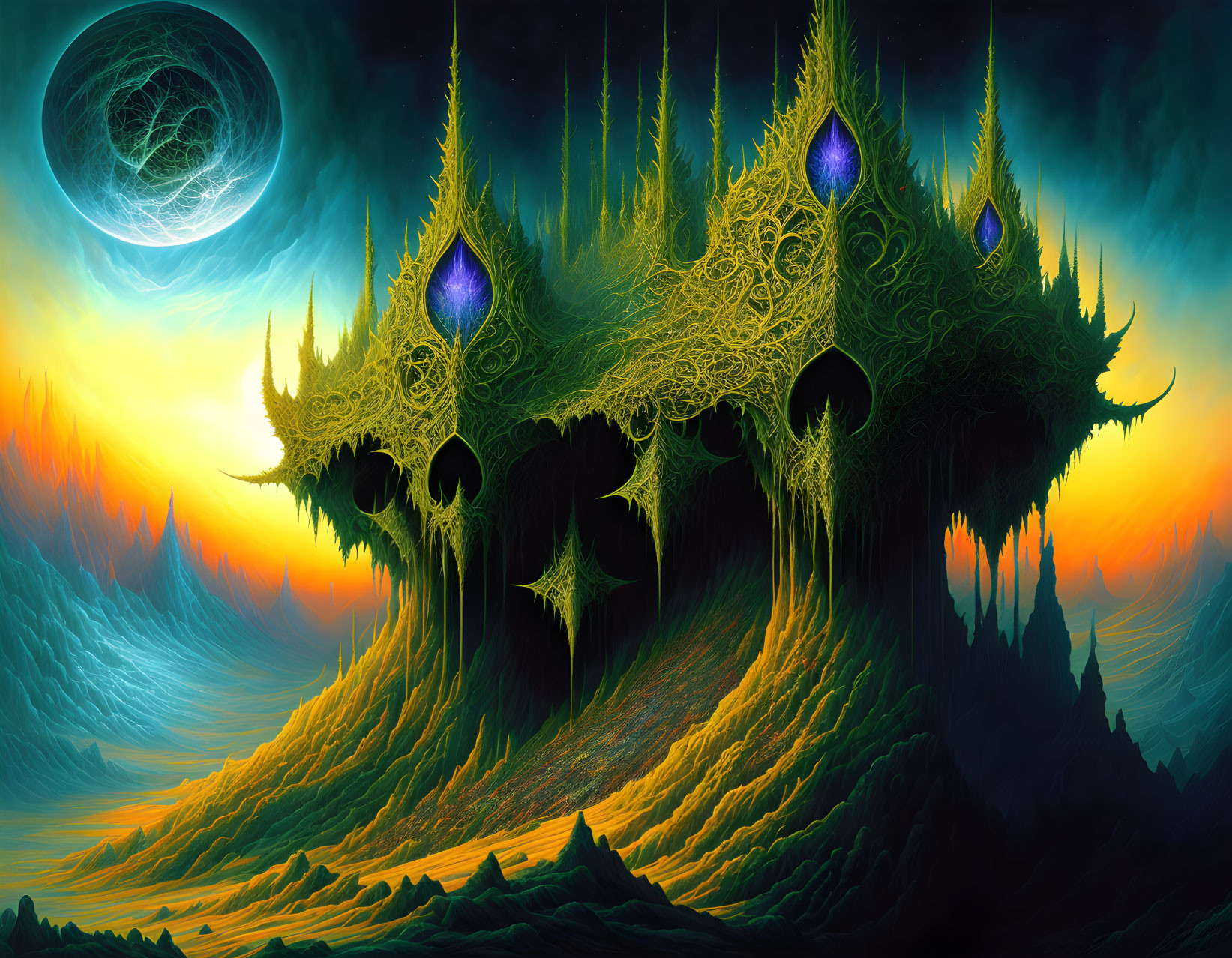 Fantastical landscape with glowing tree-like structures and crescent moon