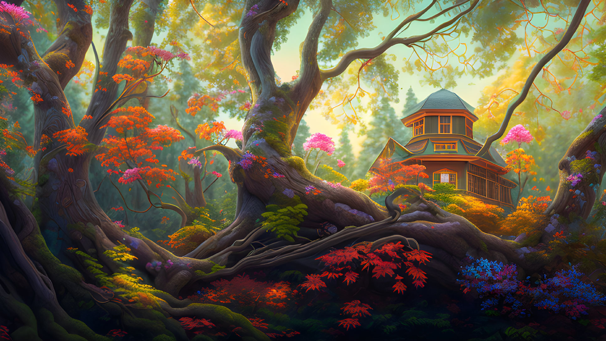 Vibrant autumnal forest with quaint wooden house among colorful foliage