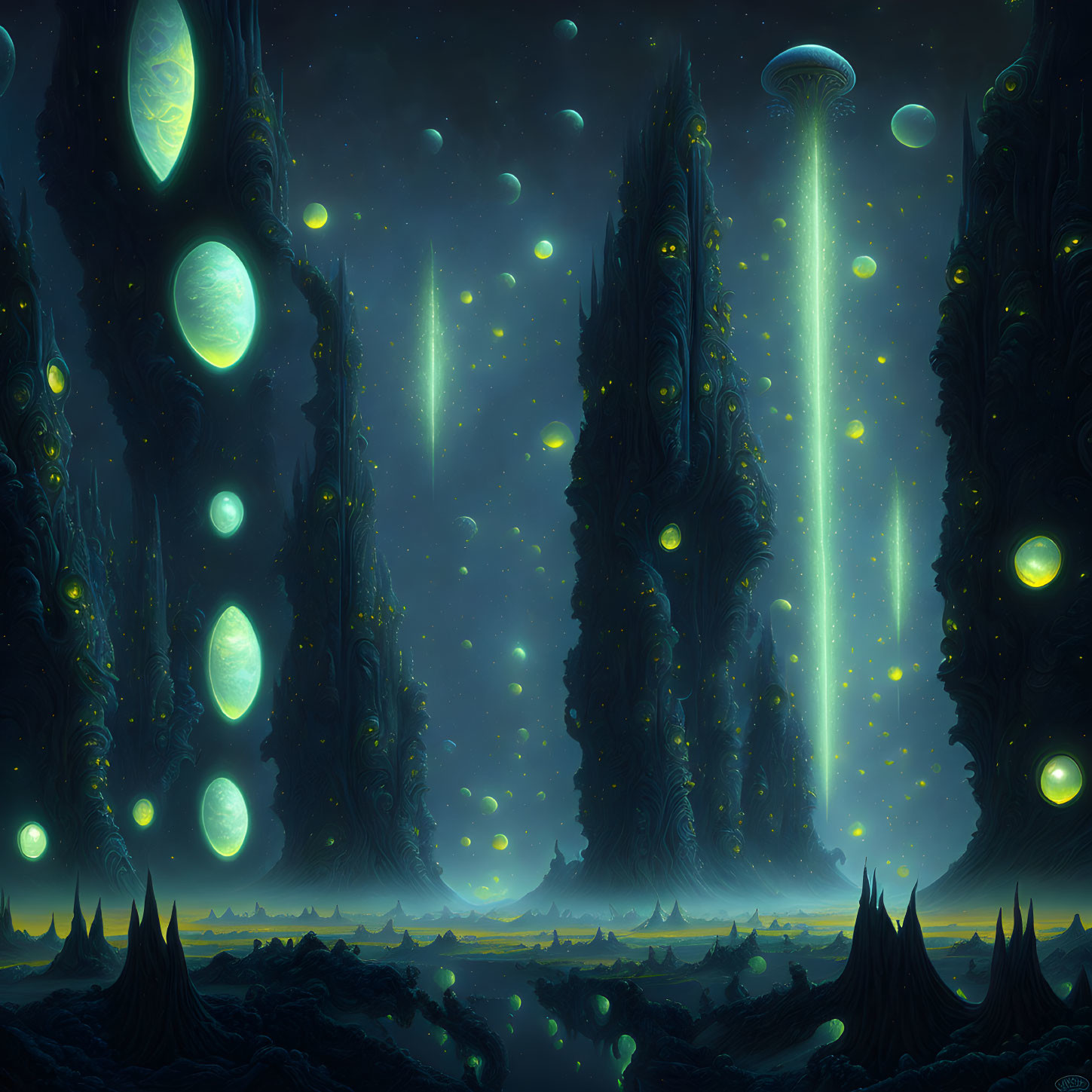 Alien landscape with glowing orbs and towering spires