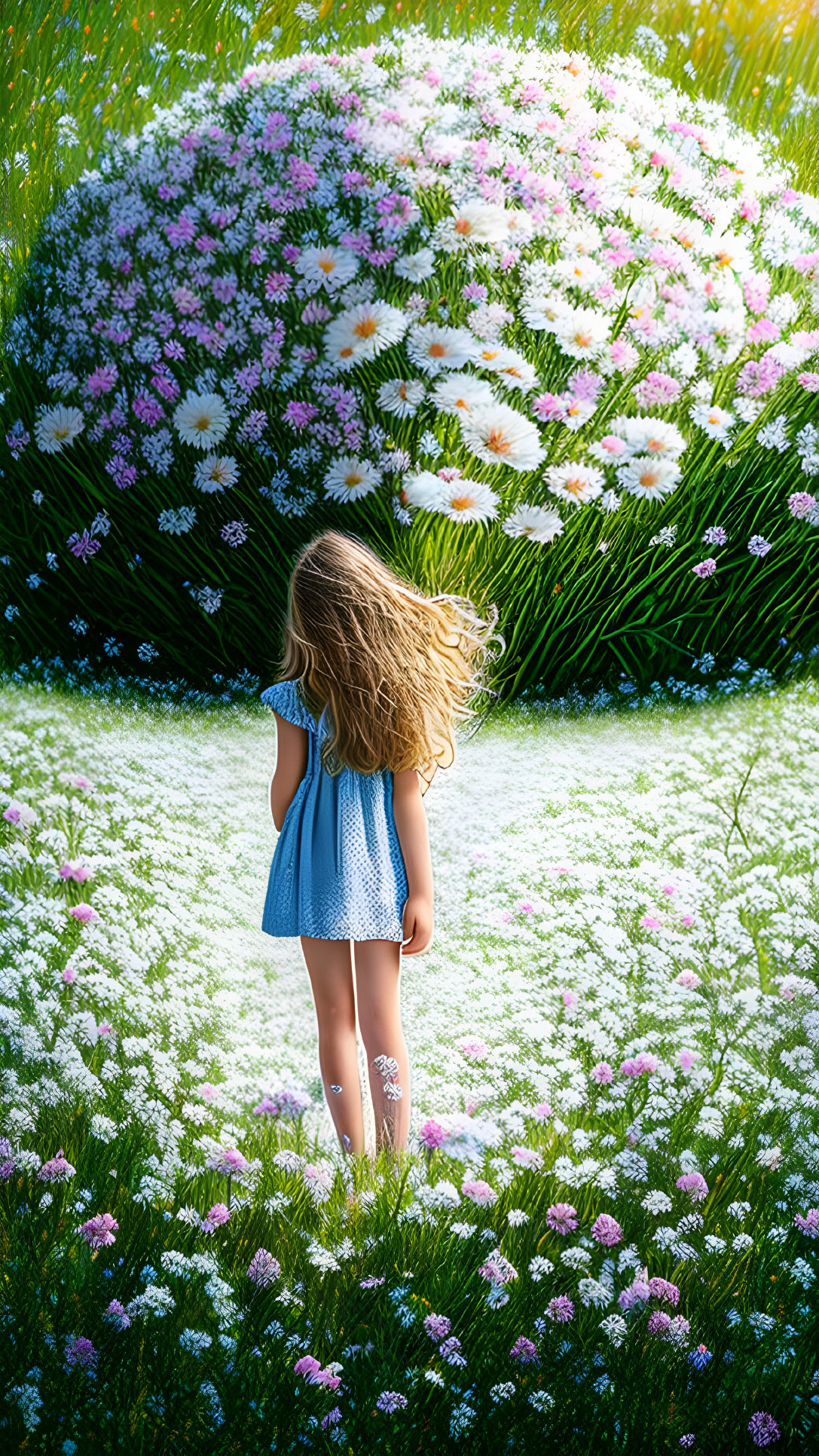 Young girl in blue dress surrounded by lush greenery and blooms under sunlight.