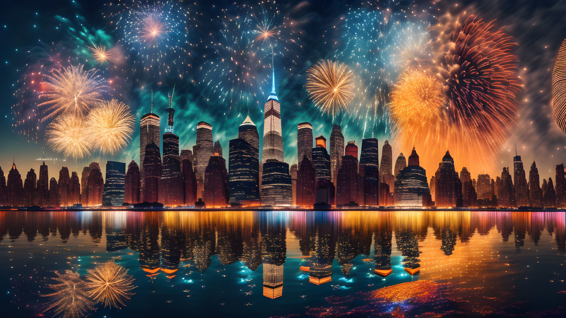 Colorful fireworks illuminate modern city skyline at night